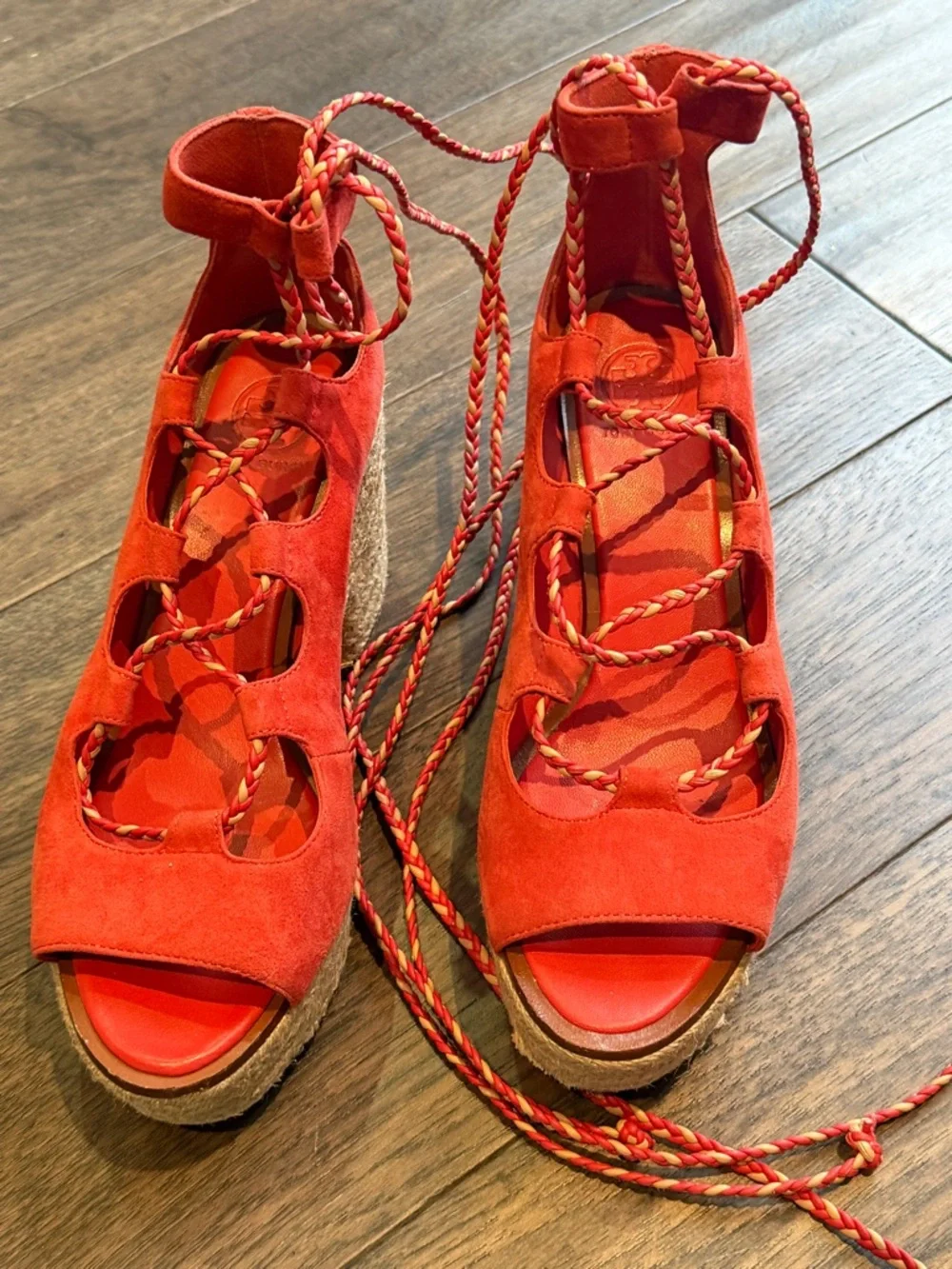 Tory Burch Red Suede Lace-Up Platform Heels - Picture 1 of 6